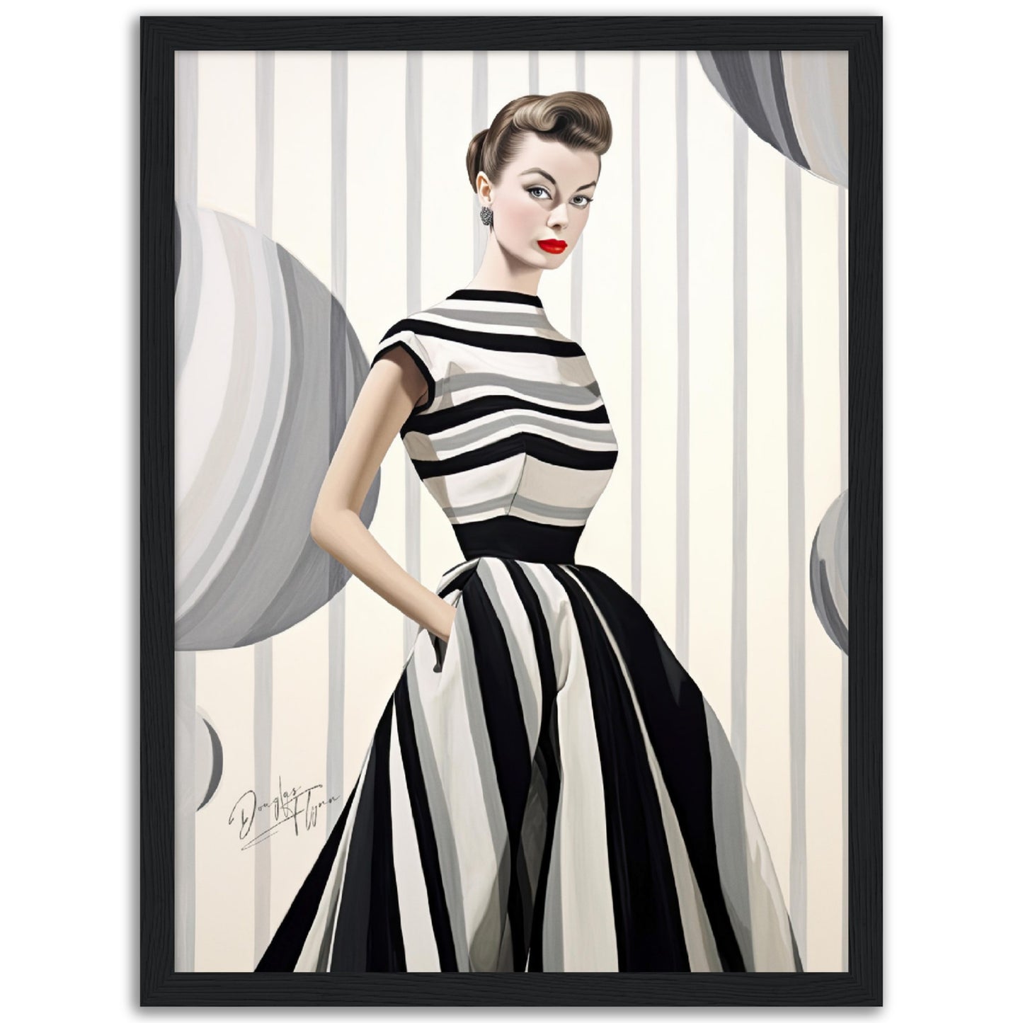 »Black and White Peplum Dress, 1950s with Bold Stripes«
