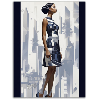 »Navy and White Scalloped Hem Midi Dress, 1960s with Geometric Print«