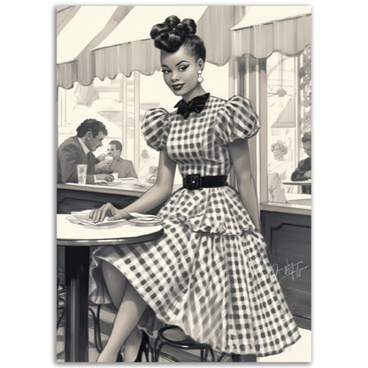 »Black and White Polka Dot Midi Dress, 1950s with Tiered Ruffles«