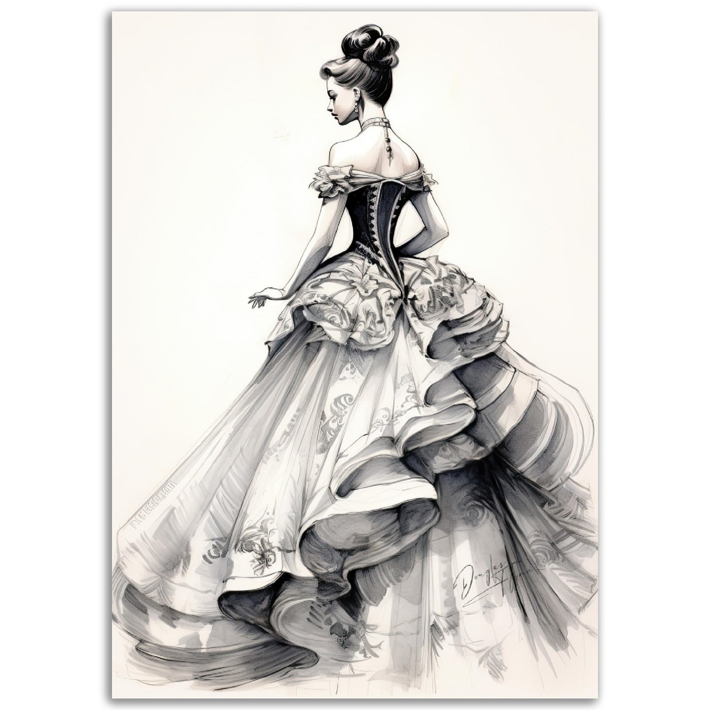 »Romantic Black and White Ruffled Sleeve Corseted Gown 1850s«