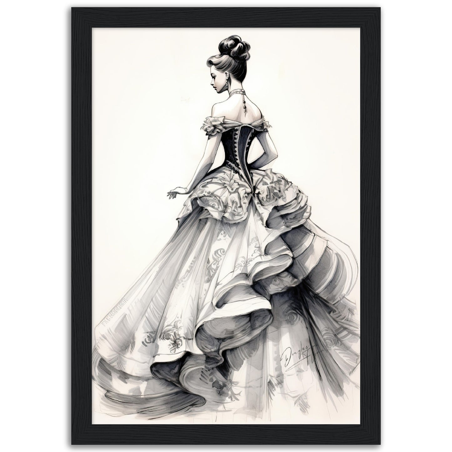 »Romantic Black and White Ruffled Sleeve Corseted Gown 1850s«