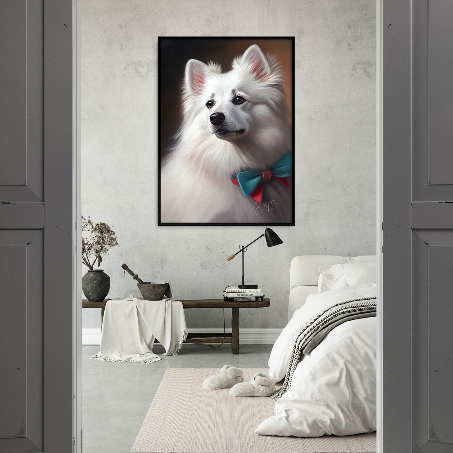 »American Eskimo Dog med rosett«