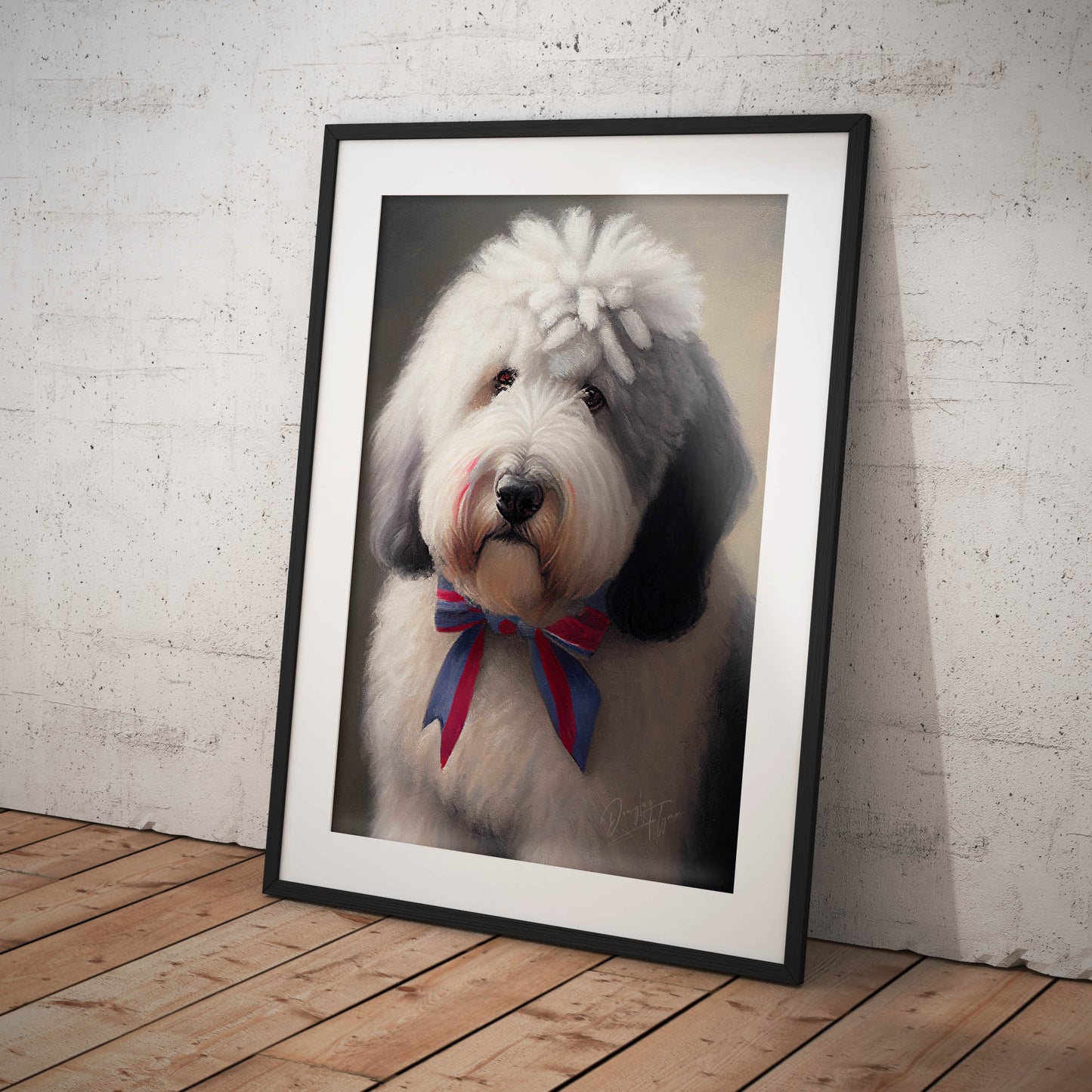 »Old English Sheepdog med rosett«