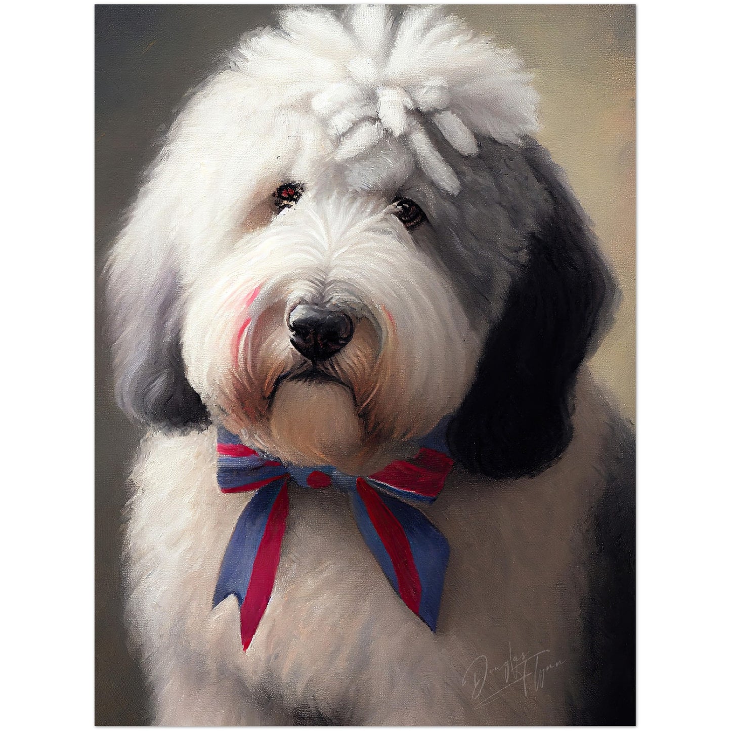 »Old English Sheepdog med rosett«