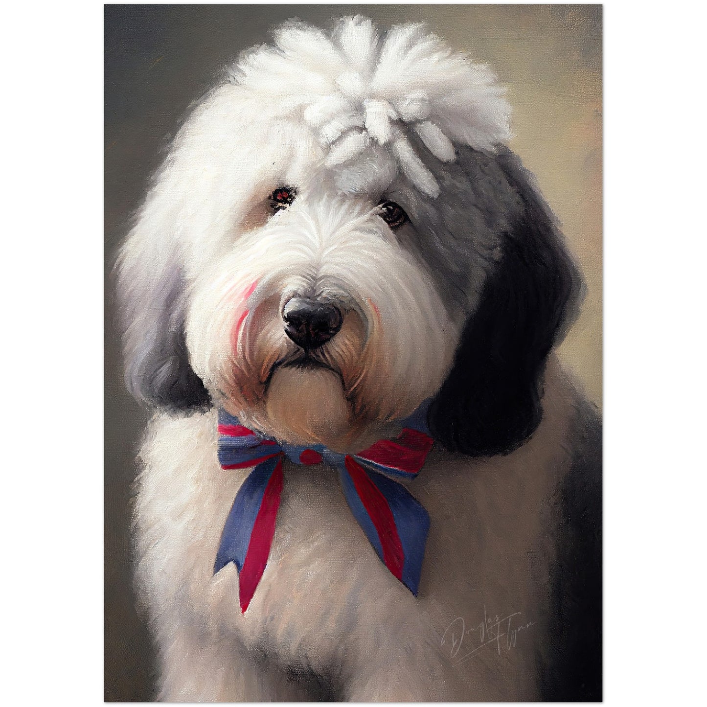 »Old English Sheepdog med rosett«