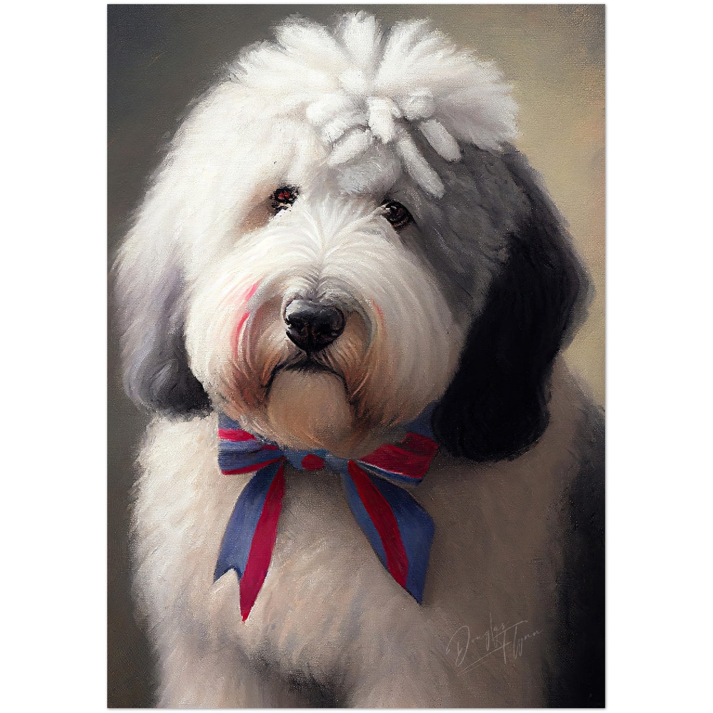 »Old English Sheepdog med rosett«