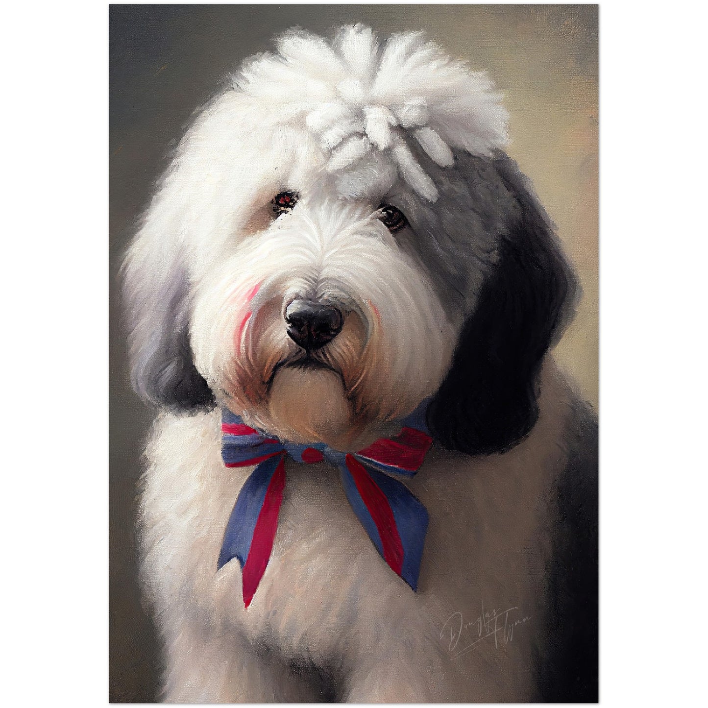 »Old English Sheepdog med rosett«